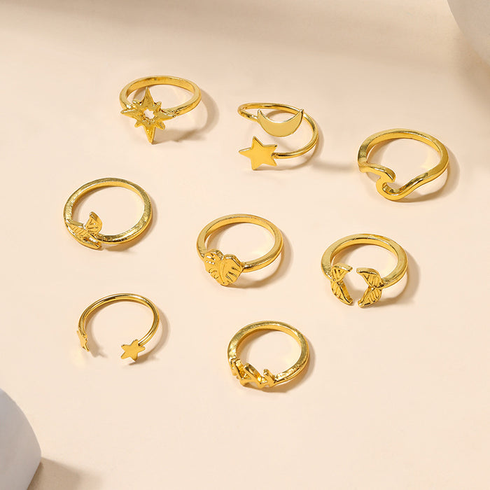 Wholesale Exaggerated alloy rings with accessories, 8 personalized star moon rings, heart-shaped layered rings