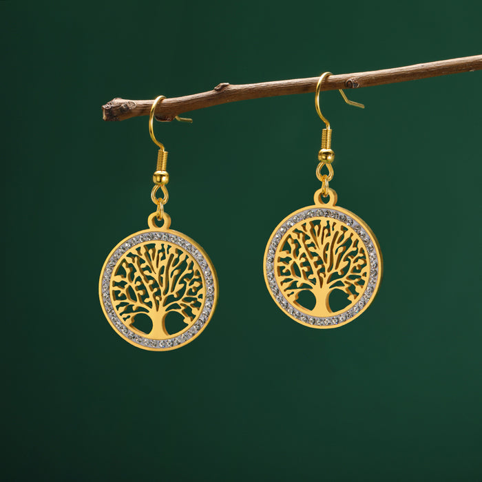 Wholesale Diamond-studded tree round pendant earrings stainless steel women's jewelry