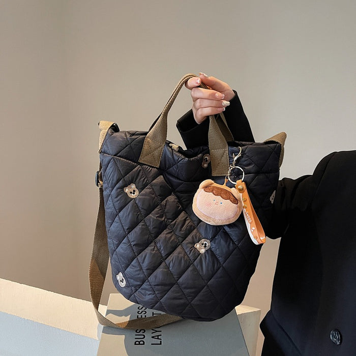 Wholesale Cute Bear Embroidered Large Capacity Portable Bucket Bag Autumn and Winter Rhombic Plaid Cotton-padded Suit Shoulder Bag Trendy Crossbody Bag