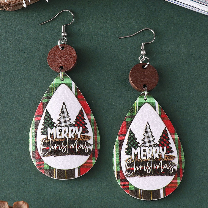 Wholesale Christmas Leopard Plaid Tree  Leather Wood  Earrings