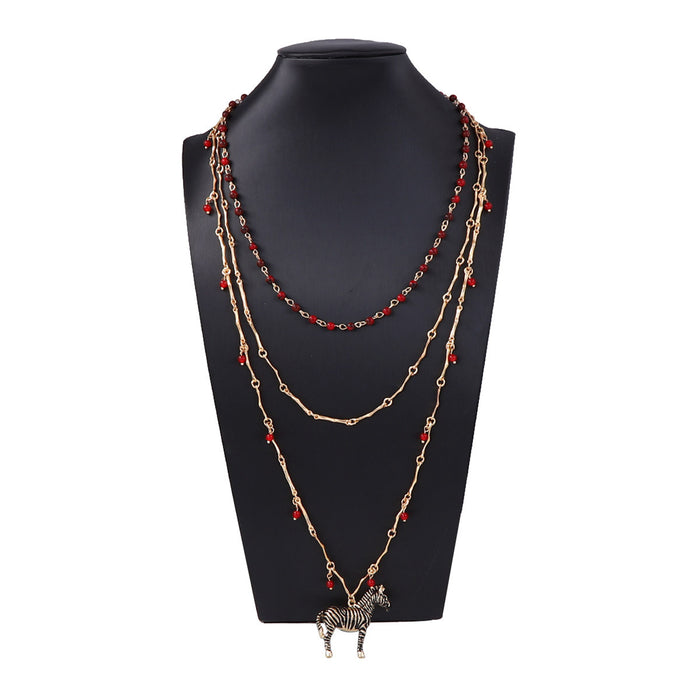 Wholesale Multi-layer Stacked Beaded Chain Necklace Alloy Zebra Pendant Necklace