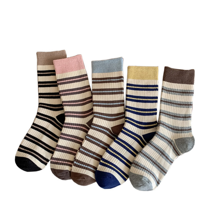 Wholesale Striped pile socks, contrasting socks, double needle sweat absorbing mid tube socks