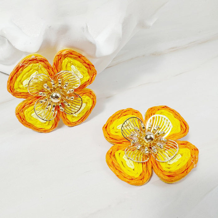 Wholesale Raffia Flower Earrings - Chic Yellow Summer Style Jewelry Accessory for Resale MOQ≥5