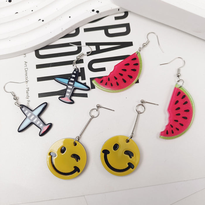 Wholesale Creative personality acrylic cartoon ground binding young flower earrings yellow smiley face colorful aircraft watermelon earrings