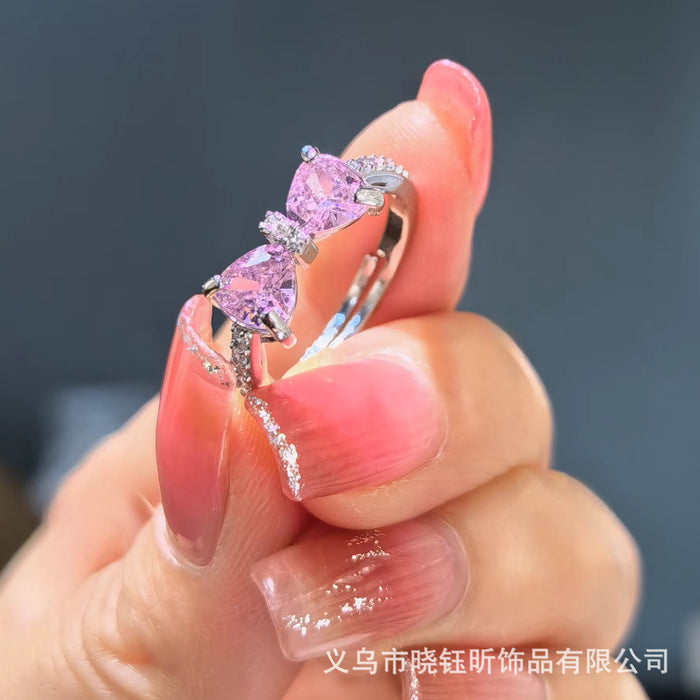 Wholesale Pink zirconium bow ring, niche design, light luxury, versatile, exquisite adjustment, romantic ring