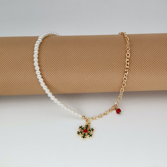 Wholesale Christmas Necklace Alloy Dripping Oil  Snowflake Bell Pearl Christmas Necklace