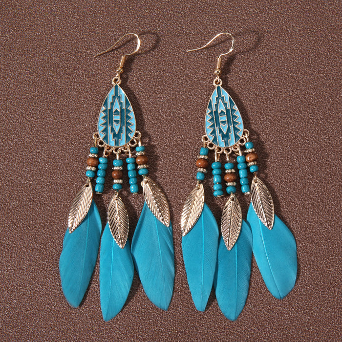 Wholesale Alloy Bohemian Water Droplet Tassel Feather Earrings JDC-ES-Gumi012