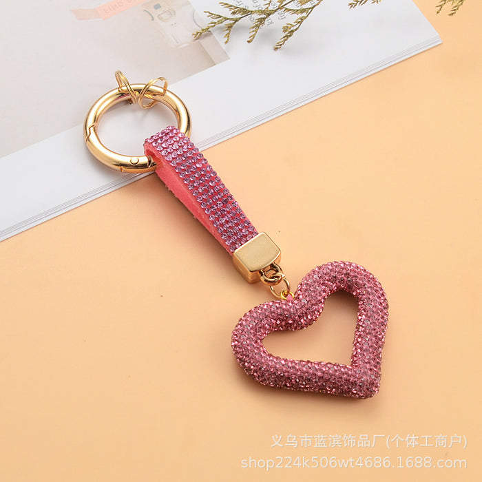 Wholesale Full rhinestone heart keychain with diamond cord hollow heart car pendant