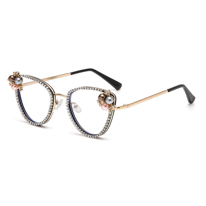 Wholesale Flat lens anti blue light large frame inlaid with diamonds and pearls, elegant and fashionable high-end frame glasses
