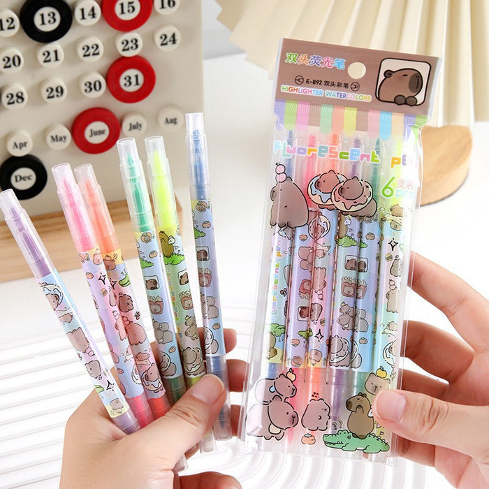 Wholesale 6pcs/ set Cartoon Dual-Tip Highlighter set