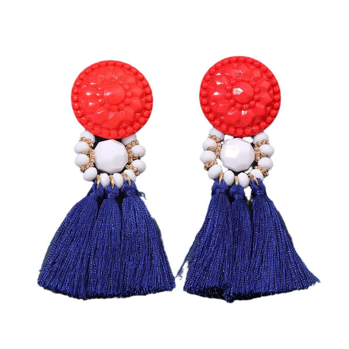 Wholesale Red, blue, and white rainbow shaped woven cotton rope tassel with sparkling pink acrylic earrings