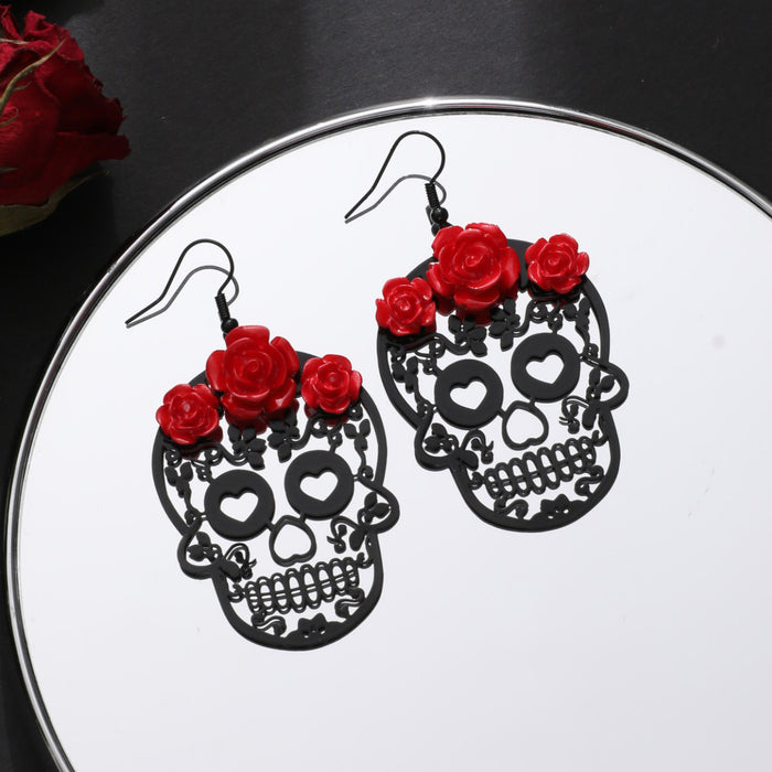 Wholesale Halloween Dark Gothic Style Rose Hollow Love Skull Alloy Earrings JDC-ES-JunJie001