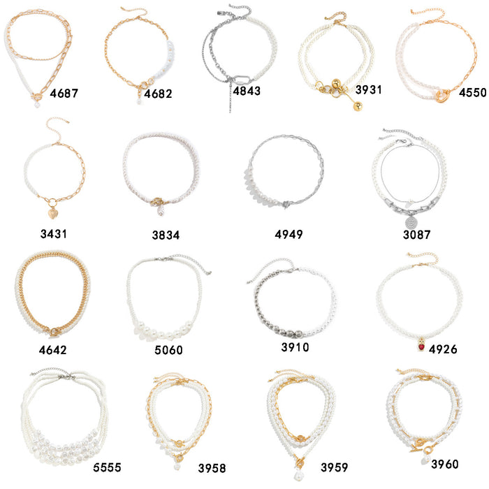Wholesale Vintage imitation pearl pieced simple necklace with creative temperament, round bead chain layered necklace accessory