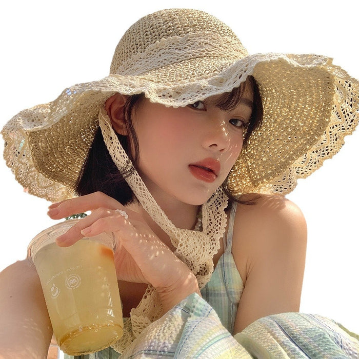 Wholesale Lace lace straw hat with curled edges and hollowed out Lafite sun hat, large brim