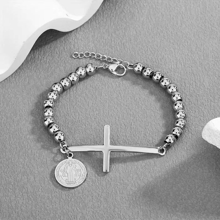 Wholesale Stainless steel round bead bead string bracelet with cross hanging tag