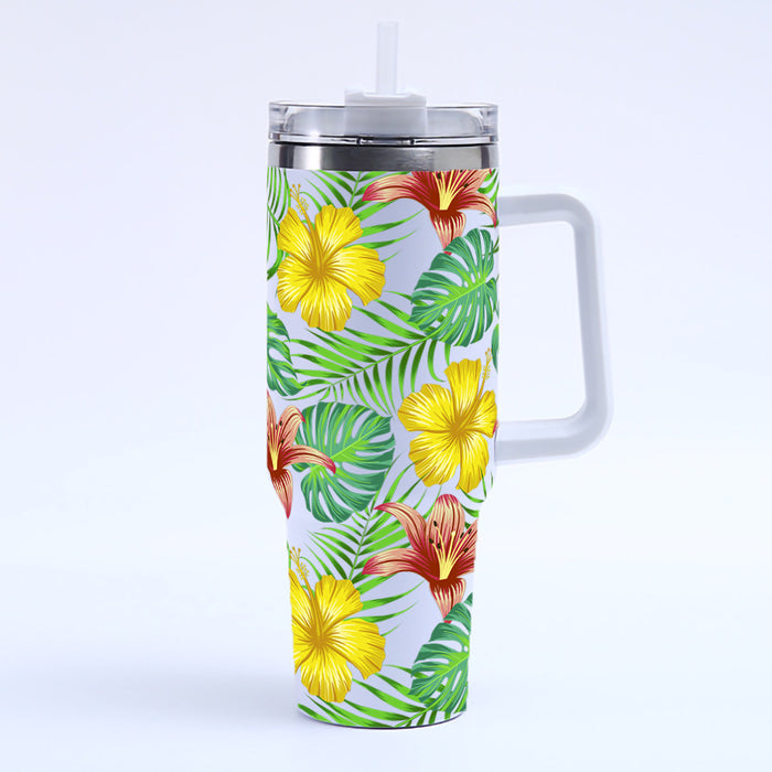 Wholesale Amazon Cross-Border 40oz Tropical Leaf Ice Cup Stainless Steel Thermal Insulation Car Cup Large Capacity with Handle