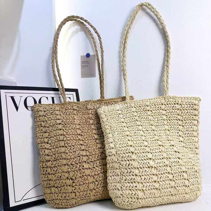 Wholesale Knitted women's simple handbag with large capacity, fashionable and versatile, hand-held cotton and linen beach bag