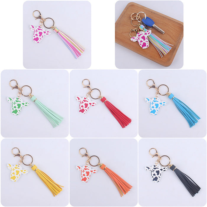 Wholesale Cartoon Western Bull Head Wooden Pendant Creative Colorful Long Tassel Key Ring Pendant