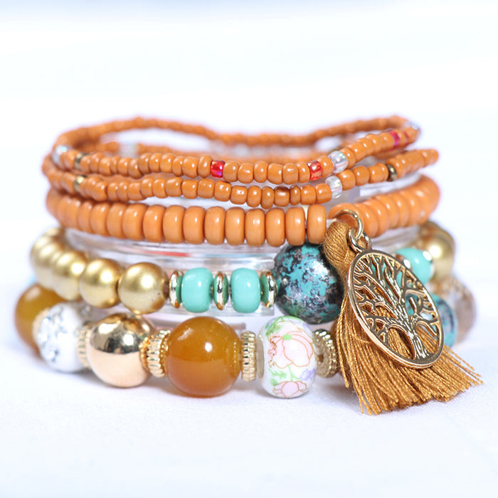 Wholesale Bohemian Tree of Life Tassel Multilayer Rice Bead Bracelet JDC-BT-NHong014