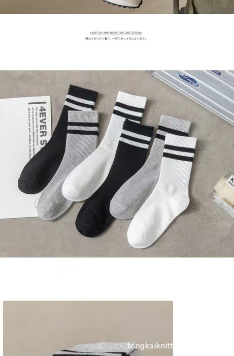 Wholesale Socks with parallel bars, mid length socks, pure cotton casual sports long socks