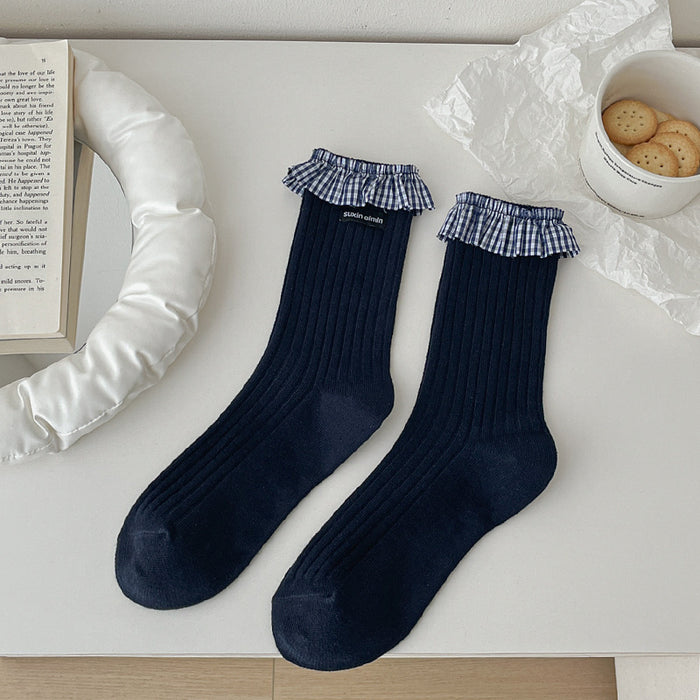 Wholesale Pile socks, butterfly knot socks, mid tube socks, checkered cotton socks