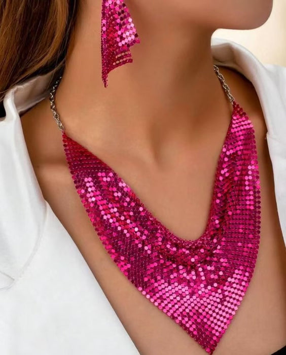 Wholesale Triangle scarf sequin silk scarf necklace set with exaggerated personality collarbone necklace earrings pendant