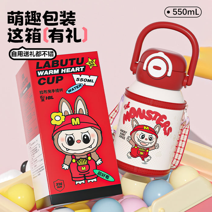 Wholesale New 316 Stainless Steel Cartoon Children' s Thermos Cup with Double Drinking Straw,  Cute Student Portable Cup with Handle