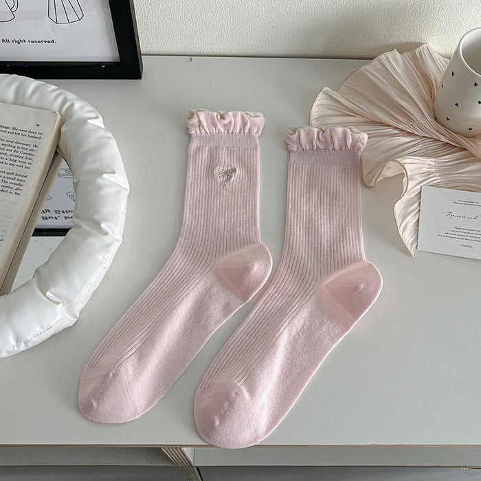 Wholesale Thin double-layer bubble mouth lace bow middle tube socks stacked with cotton socks
