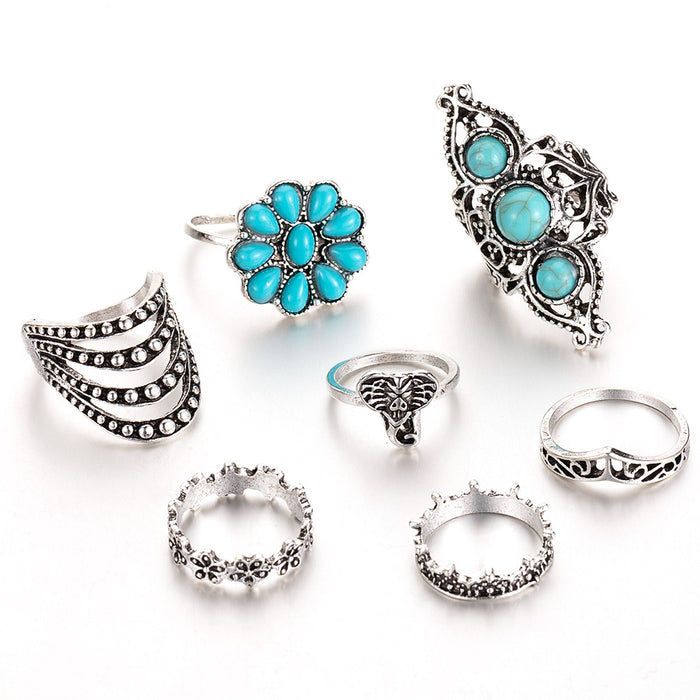 Wholesale Ethnic Style Retro Turquoise Carved Feather Ring Fashionable and Personalized 8-Piece Combination Ring Set