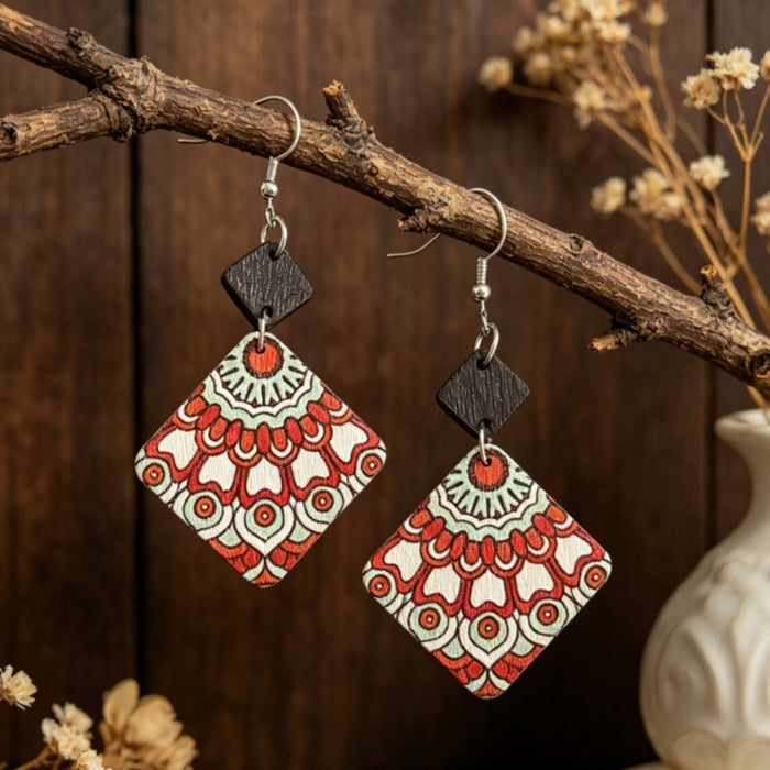 Wholesale Wood Mandala Rhombus Double-Layer Earrings – Red Green Vintage Ethnic Accessory