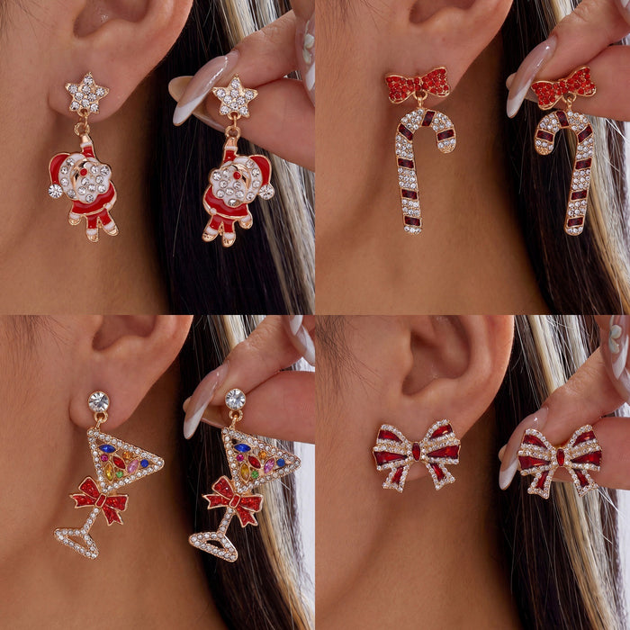 Wholesale Rhinestone Christmas Earrings Santa Candy Cane Bow Alloy Plated Fashion Accessory