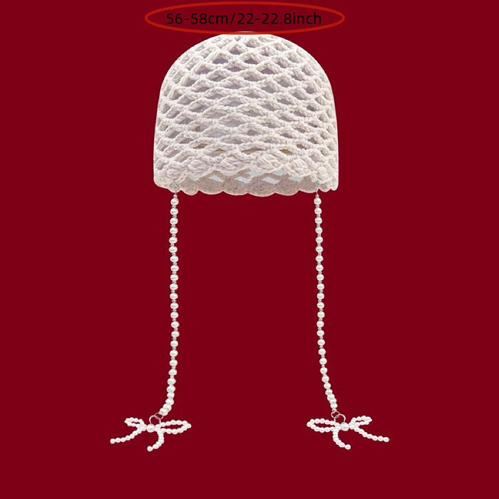 Wholesale Hollow out handmade crochet hat vintage pearl bow tassel travel versatile knitted hat