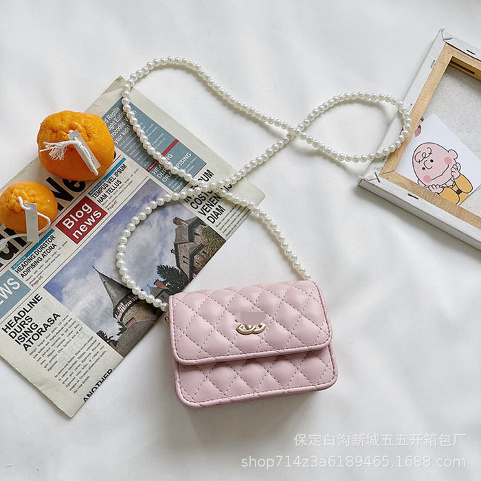 Wholesale Children's bag diamond grid embroidery thread mini pearl chain crossbody bag shoulder bag