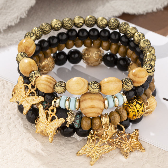Wholesale Boho Style Multi-Layered Wood Beads Beaded Butterfly Pendant Bracelet JDC-BT-FeiYa006