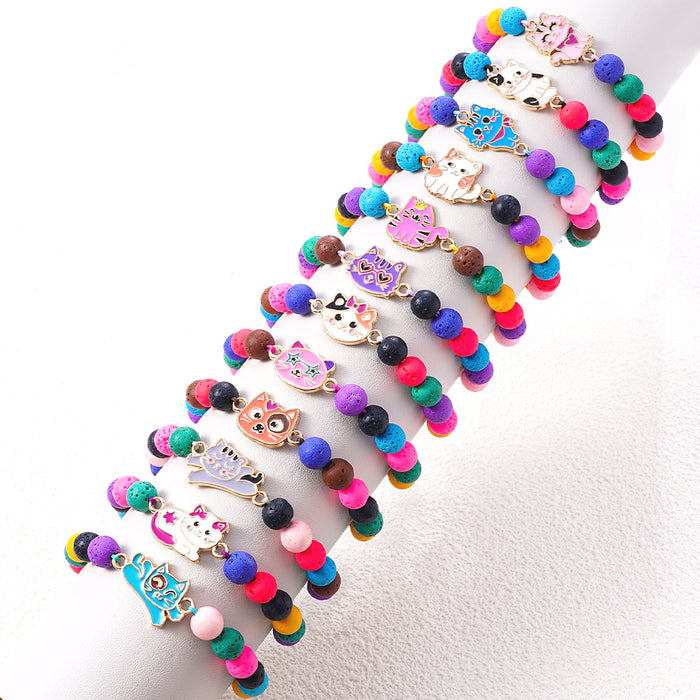 Wholesale 12pcs/set Children's Bracelet Female Volcanic Stone Cartoon Cat Bracelet Set