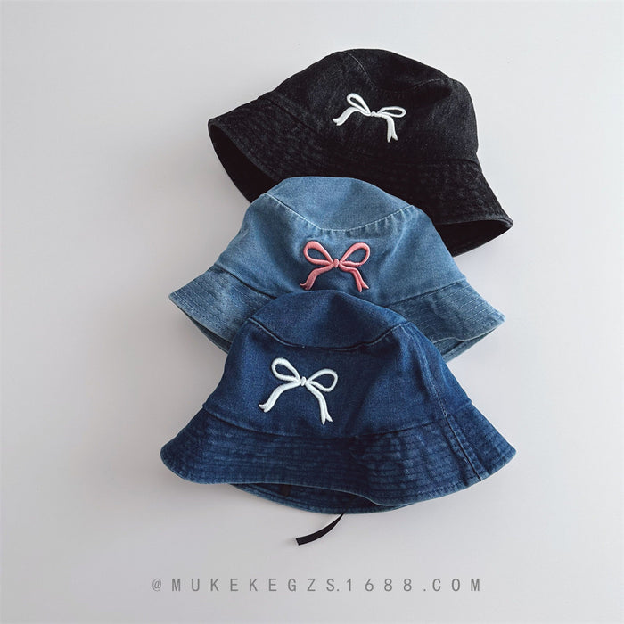 Wholesale Children's denim fisherman hat with bow embroidery trendy children's baby sun hat