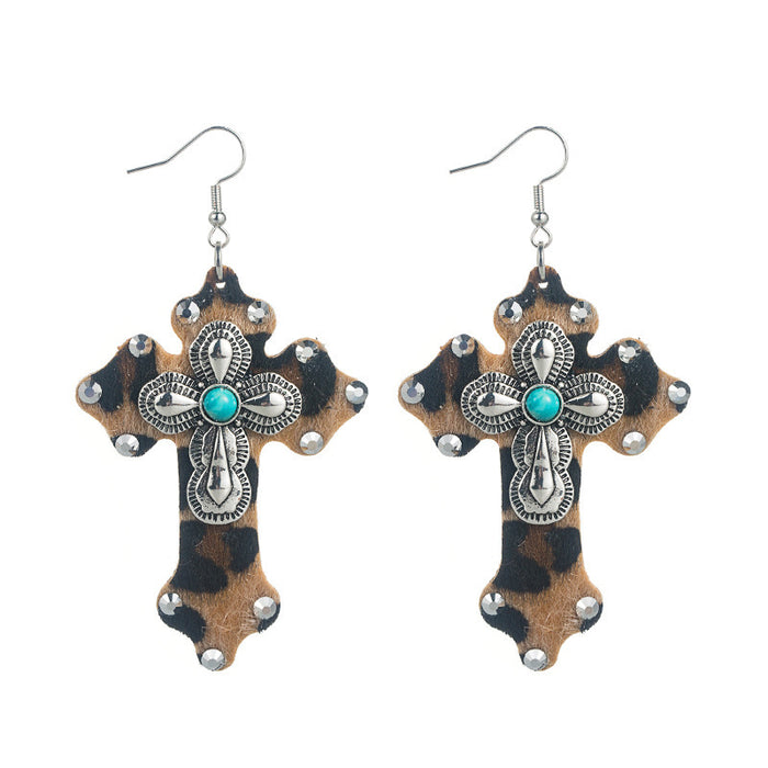 Wholesale Leopard print leather cross turquoise statement earrings