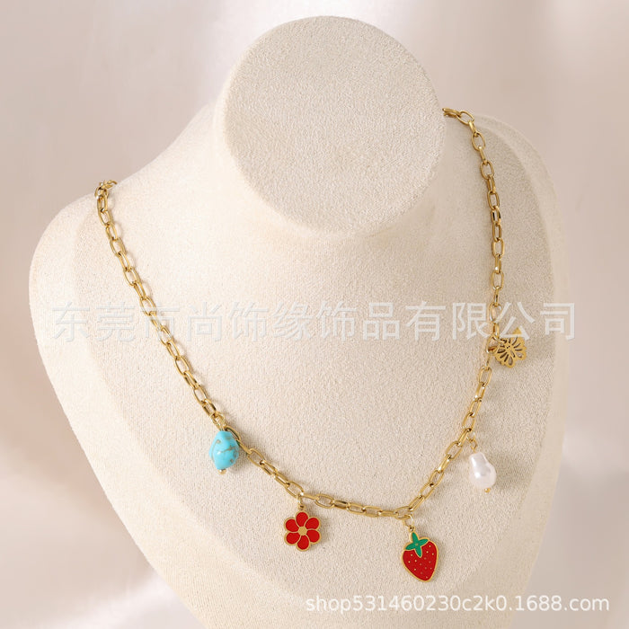 Wholesale Fashionable Retro New Blue Turquoise Colorful Petal Flower Accessories Drip Oil Hanging Titanium Steel Pendant Necklace