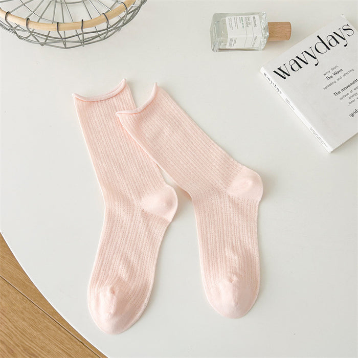 Wholesale Thin socks, children's summer hollow mesh pile socks, rolled edge socks, solid color mid tube socks