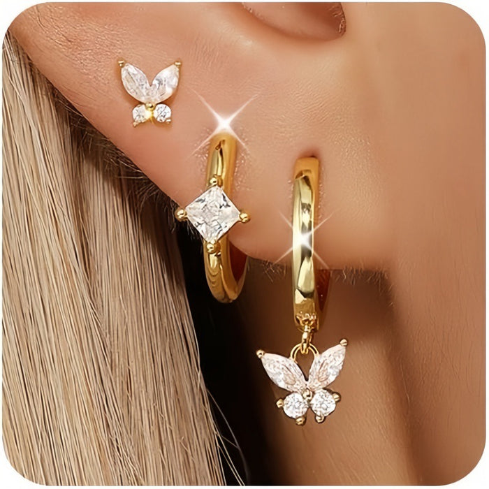 Wholesale Temperament Butterfly Smooth Love Pendant Circle Ear Buckle Earrings Geometric Combination Three Piece Earring Set
