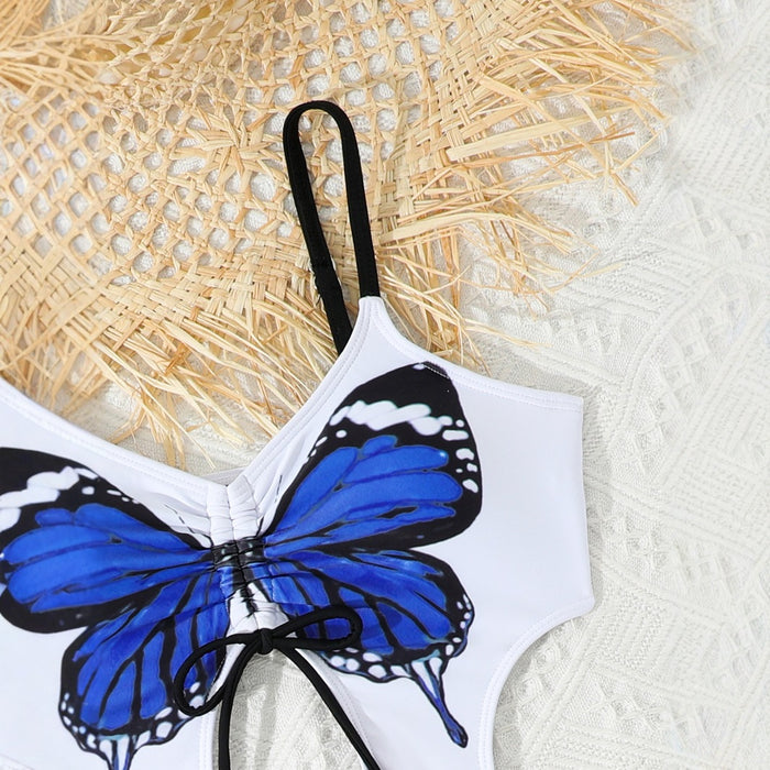 Wholesale Children's one-piece swimsuit, outer cover, hollowed out camisole, drawstring tie swimsuit