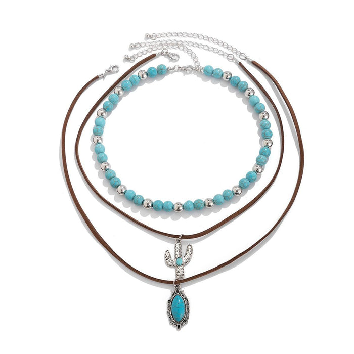 Wholesale Western Cowboy Pine Stone Necklace Stacked Set Necklace Cactus Boots Pendant Ethnic Style Retro Necklace