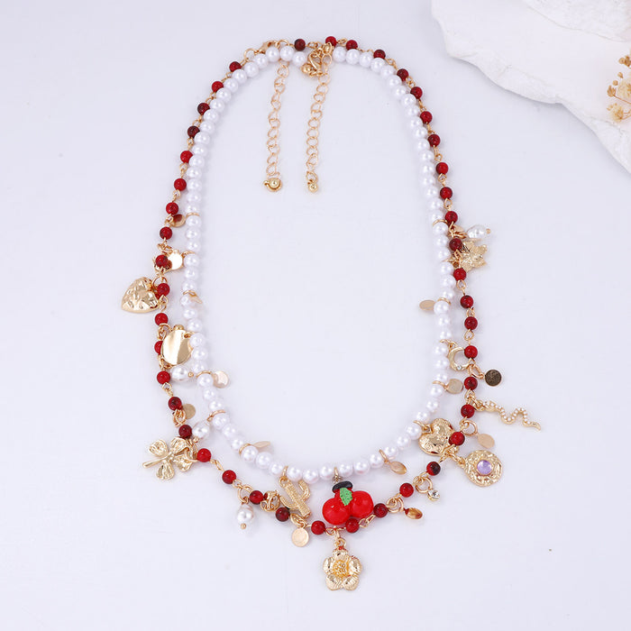 Wholesale Imitation Pearl Glass Double Layer Stacked Alloy Flowers Necklace Women