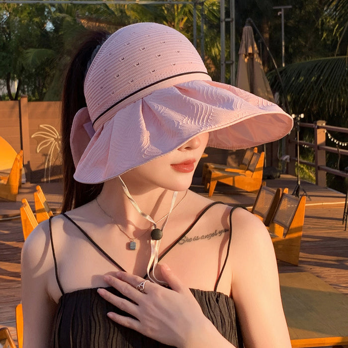 Wholesale New summer women's butterfly bow large eave hollow top hat UV resistant sun hat foldable outdoor hat