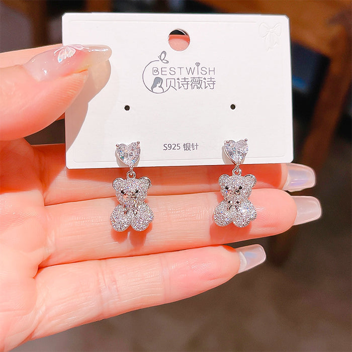 Wholesale Zircon Bear Love Earrings Silver Needle Cartoon Elegant Earrings New Earrings