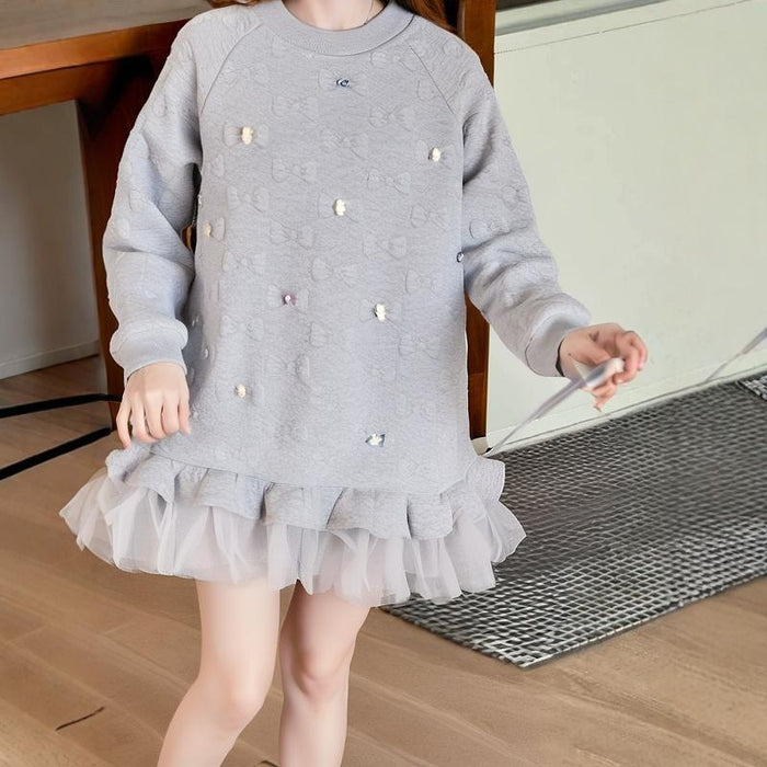 Wholesale Long Sweater Dress Lace Stitching Mesh Children's Skirt JDC-CTS-MianY023