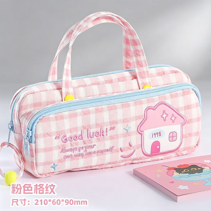 Wholesale Fabric Pencil Case Trendy Pink Plaid Face For School Girls
