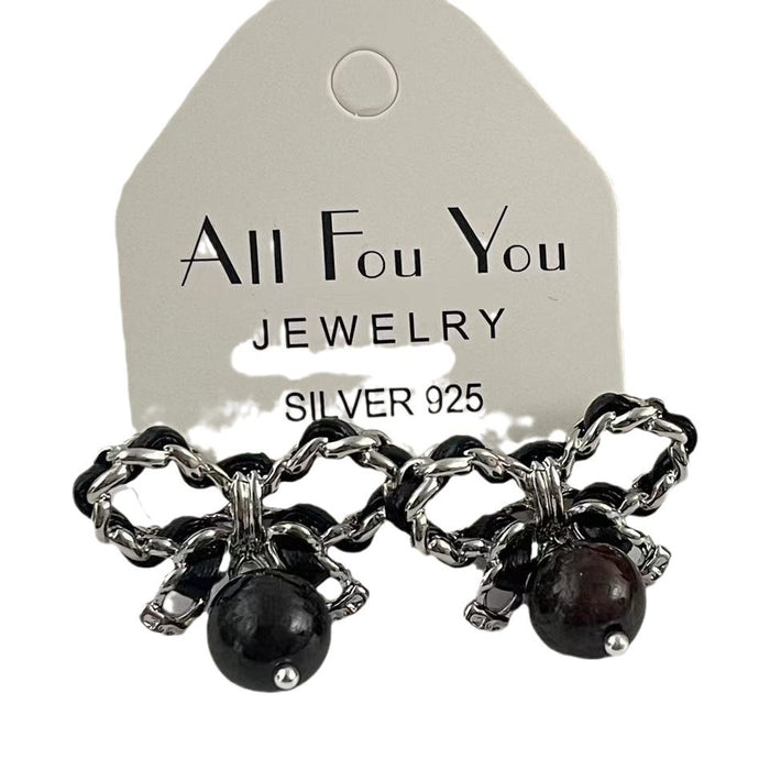 Wholesale Metal Leather Cord Black Pearl Bow Earrings JDC-ES-LuY001