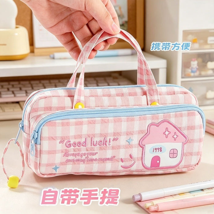 Wholesale Fabric Pencil Case Trendy Pink Plaid Face For School Girls