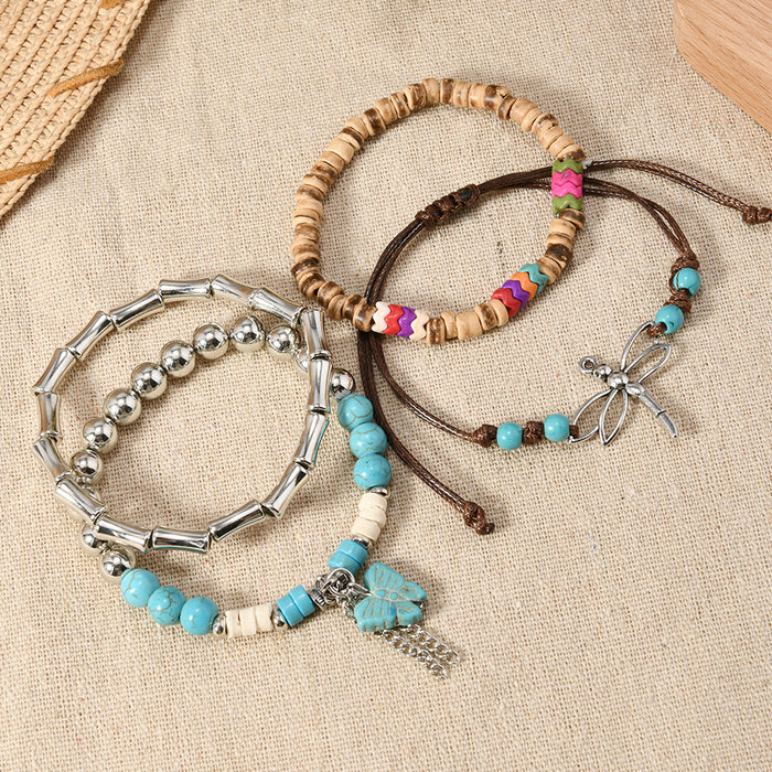 Wholesale 4-piece set of multi-layered Bohemian style simple dragonfly turquoise butterfly tassel beaded bracelets